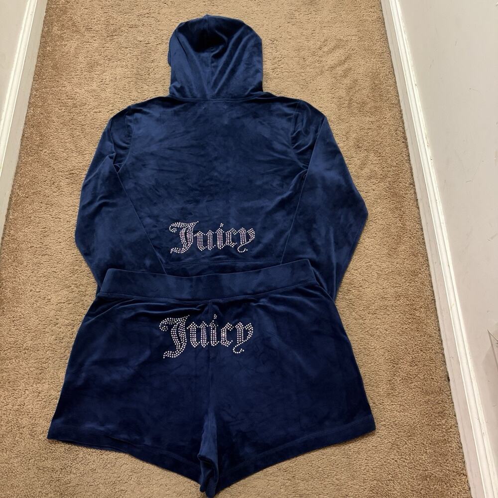 Juicy Couture Velour Set Hoodie Shorts Navy Blue Bedazzled Spell Out Size Large